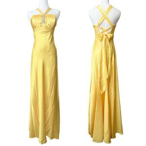 Gunne Sax Yellow Satin Evening Gown 9 Jessica McClintock Y2K Long Formal Dress